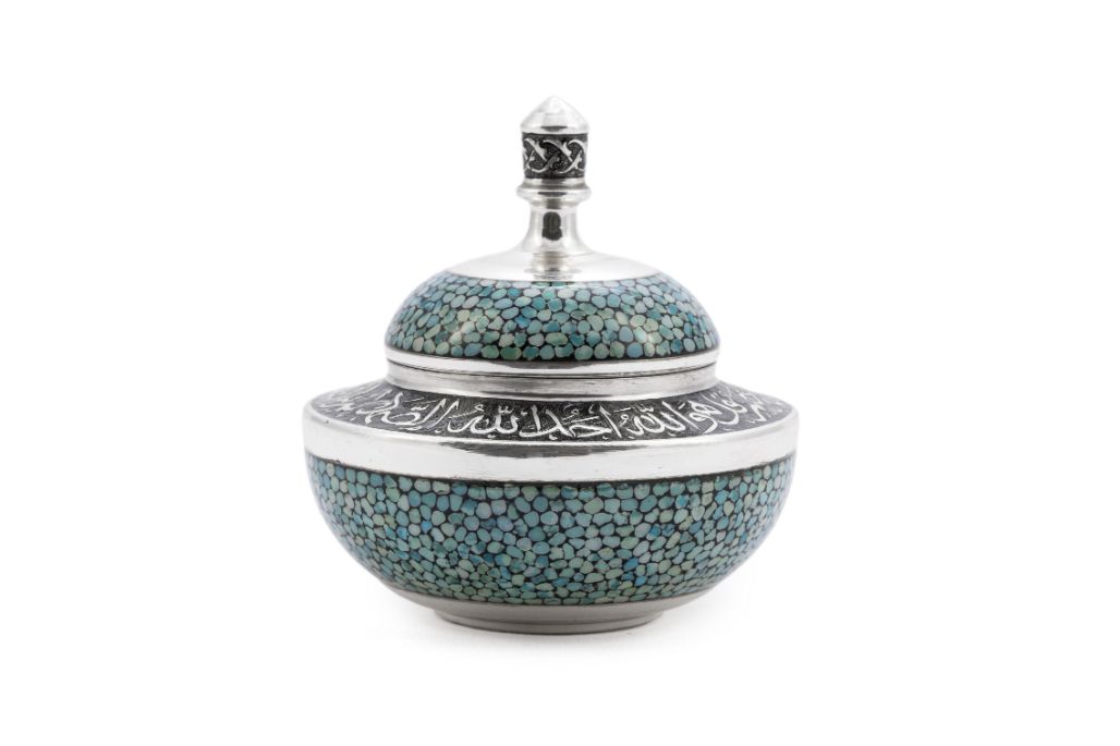 Firoozeh Koobi Turquoise On Silver Sugar Bowl - Featured Image Firoozeh Koobi Turquoise On Silver Sugar Bowl - Image 1