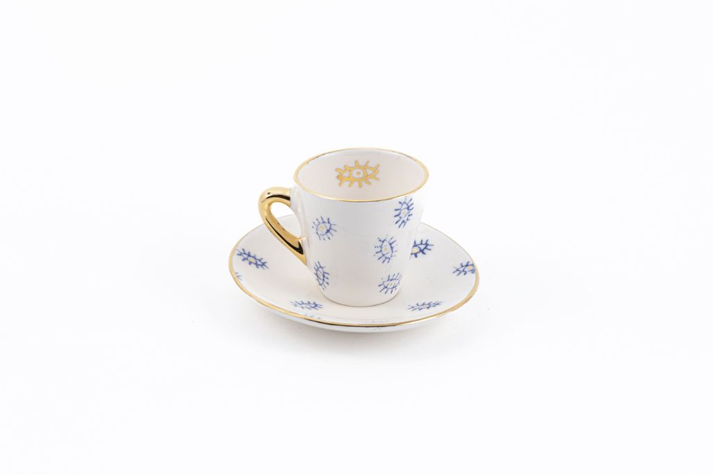 Gold Handle Evil Eye Ceramic Coffee Cup & Saucer – Featured Image Gold Handle Evil Eye Ceramic Coffee Cup & Saucer - Image 1