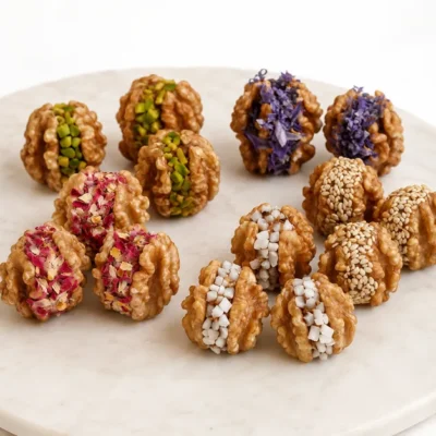 Luxury walnut kernels with premium stuffed dates topped with saffron