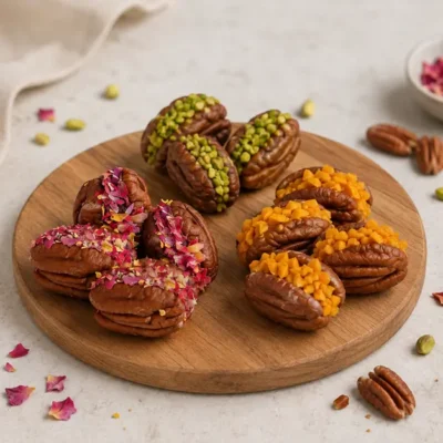Signature Stuffed Pecan with Strawberry Rose, Date Pistachio and Apricot Saffron Almond fillings by Ehtifalat Dubai